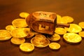 Hanukkah dreidel gold gelt coins on a table Royalty Free Stock Photo