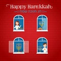 Hanukkah, Festival of Lights Jewish holiday traditional candelabras menorah in house windows vector