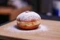 Hanukkah food doughnuts with jelly and sugar powder with bookeh background. Jewish holiday Hanukkah concept and background.