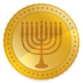 Isolated golden Hanukkah gelt decorated with Hanukkiah silhouette, Vector illustration Royalty Free Stock Photo