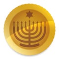 Golden Hanukkah gelt decorated with hanukkiah and David`s Star silhouettes, Vector illustration