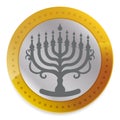 Isolated Hanukkah gelt with silver button and hanukkiah silhouette, Vector illustration
