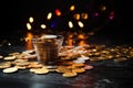 hanukkah gelt coins scattered on a dark table