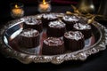hanukkah gelt made from dark chocolate on a silver tray