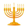 Hanukkah golden menorah with burning candles.