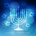 Hanukkah greeting card, invitation with hand drawn menorah, candelabra and jewish stars.