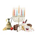 Hanukkah greeting card template composition with holiday symbols. Menorah, dreidel, donuts, candles on white background