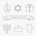 Hanukkah holiday flat design black thin line icons set with text Royalty Free Stock Photo