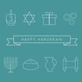 Hanukkah holiday flat design white thin line icons set with text Royalty Free Stock Photo