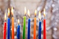 Hanukkah holiday menorah on wooden table over window background Royalty Free Stock Photo