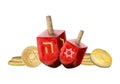 Hanukkah holiday symbols, red dreidels and gold coins gelt watercolor illustration. Chanukkah sevivons horizontal banner