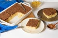Hanukkah holiday, traditional sweet Kugel pie with noodles and custard, shortbread cocoa crumbs on top. on a light