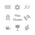 Hanukkah items and symbols icon set, Happy Hanukkah in English