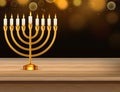 Hanukkah jewish holiday menorah wood table. Vector illustration. Realistic menorah and burning candles