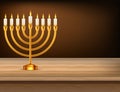 Hanukkah jewish holiday menorah wood table. Vector illustration. Realistic menorah and burning candles