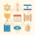 Hanukkah, jewish traditional ceremony flat icons set