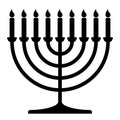 Hanukkah menorah, black and white vector silhouette illustration of hanukkiah nine-branched candelabrum with candles