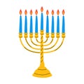 Hanukkah menorah candelabrum with nine lit candles.