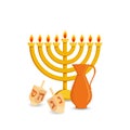 Hanukkah menorah, candelabrum, oil jug and dreidel