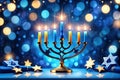 Hanukkah menorah with candles on table against blurry light, religious Jewish