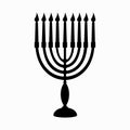 Hanukkah menorah candlestick with 9 burning candles. Black silhouette clip art. Chanukah Jewish Holiday festival of