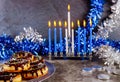 Hanukkah menorah, donuts, chocolate coins and decoration