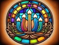 Hanukkah menorah emblem with colored stained glass. Jewish holiday Hanukkah greeting card traditional Chanukah symbol menorah Royalty Free Stock Photo