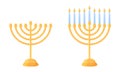 Hanukkah menorah empty and with lit candles. Set of traditional Jewish Hanukah symbol. Isolated golden chanukiah holder with nine