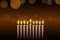 Hanukkah menorah, or hanukkiah for Jewish holiday Hanukkah. Hanukkah lamp, nine-branched candelabrum.