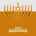 Hanukkah Menorah on Light yellow Background. Happy Hanukkah text typography.