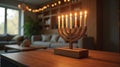 Hanukkah Menorah with Lit Candles in Cozy Home Interior Royalty Free Stock Photo