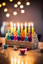 hanukkah menorah with lit candles and dreidels Royalty Free Stock Photo