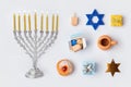 Hanukkah menorah and objects for mock up template design.View from above.