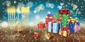 Hanukkah 2023 Jewish Winter Holiday gifts boxes and menorah gift card wallpaper web sign Royalty Free Stock Photo