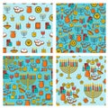 Hanukkah seamless pattern collection. Hanukkah simbols. Hanukkah candles, menorah, sufganiot and dreidel.