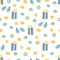 Seamless pattern with donuts, gifts and dreidels. Perfect for wrapping paper, greeting cards, wallpaper. Jewish holidays. Vector Royalty Free Stock Photo