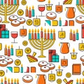 Hanukkah seamless pattern. Hanukkah simbols. Hanukkah candles, menorah, sufganiot and dreidel.