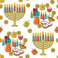 Hanukkah seamless pattern. Hanukkah simbols. Hanukkah candles, menorah, sufganiot and dreidel.