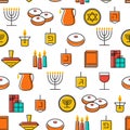 Hanukkah seamless pattern. Hanukkah symbols. Hanukkah candles, menorah, sufganiot and dreide.