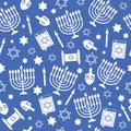 Hanukkah seamless pattern with menorah, dreidel, candles, star of David. Jewish holiday blue texture, background. Cute