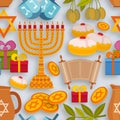 Hanukkah seamless pattern with Torah, menorah and dreidels