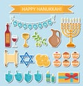 Hanukkah sticker pack. Hanukkah Icons with Menorah, Torah, Sufganiyot, Olives and Dreidel. Happy Hanukkah Festival of Lights