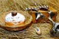 Hanukkah symbols: doughnut Sufganiyah or Sufganiyot, spinning top Dreidel and Menorah. Hanukkah - Jewish holiday in Israel