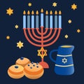 Hanukkah symbols flat vector illustration. Traditional jewish holiday greeting card design.