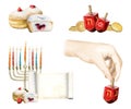 Hanukkah symbols watercolor illustration set isolated on white background. Jewish sufganiyot donut, menorah with candles