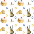 Hanukkah symbols watercolor seamless pattern on white background with holiday donuts, dreidel, jug, stars of david