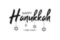 Hanukkah text banner with lettering in Hebrew with translation: Happy Hanukkah. Jewish Holiday poster with decorations. Vector