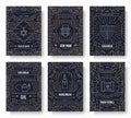 Hanukkah thin line brochure cards set. Jewish traditional template of flyer, magazines, posters, book cover, banners. Holiday