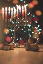 Hanukkah traditional chandelier & x28;menorah& x29; burning candles on the background of a Christmas tree with colorful lights Royalty Free Stock Photo