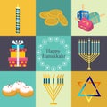 Hanukkah traditional symbols jewish icons set isolated .